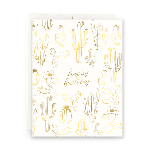 Elegant birthday card with a gilded cactus design, featuring gold accents and intricate details for a sophisticated desert-inspired celebration.