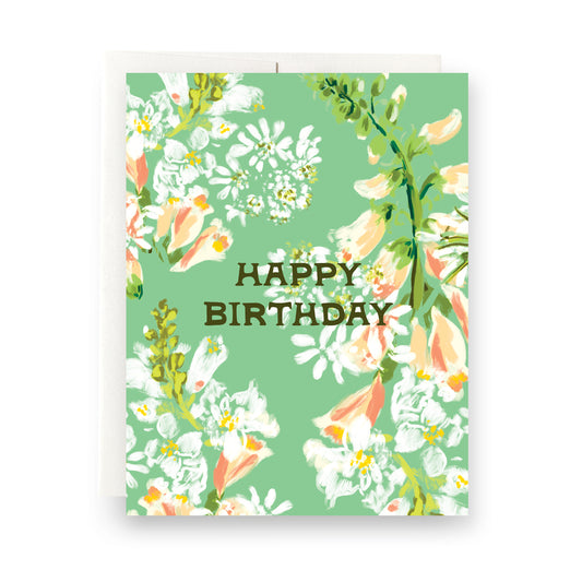 Beautiful birthday card featuring lush green florals with intricate details, celebrating nature's beauty in a fresh and vibrant design.