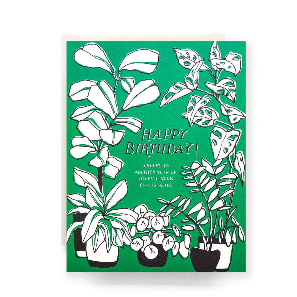 Whimsical birthday card with house plant-themed illustrations, showcasing potted plants, perfect for plant enthusiasts.