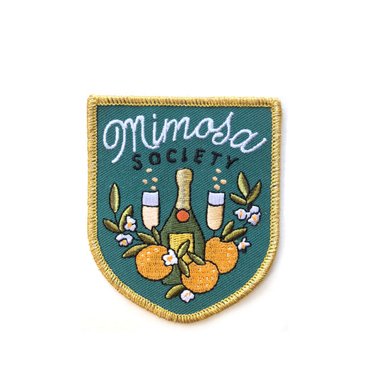 Elegant Mimosa Society embroidered iron-on patch with floral and champagne glass design, perfect for adding a stylish touch to jackets, bags, or accessories