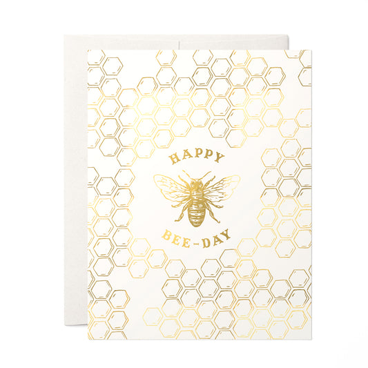 Playful birthday card with gold foil honey comb and bee illustration, a fun way to celebrate a birthday with a nature-loving twist.