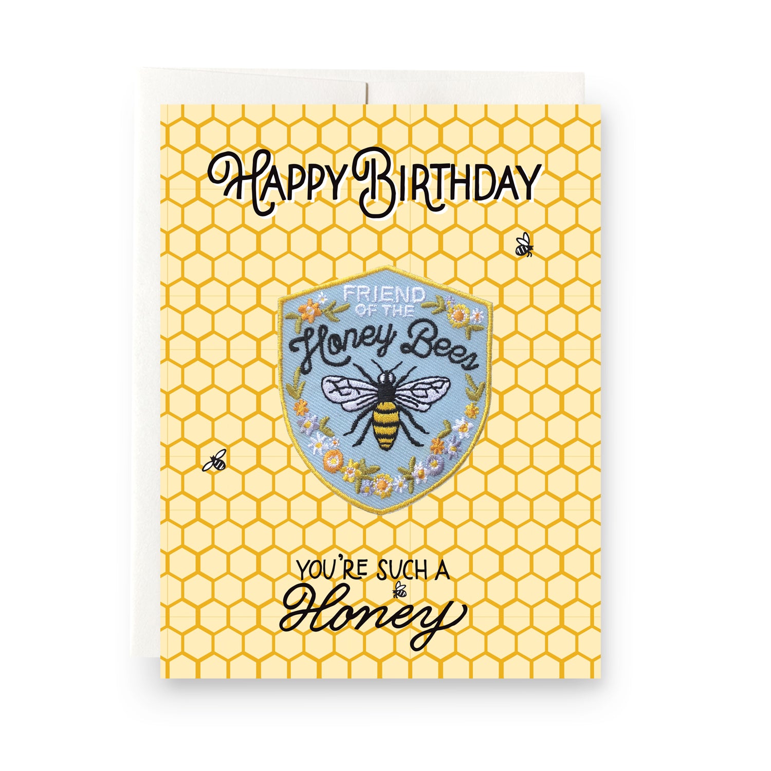 Charming birthday card featuring an iron-on honeybee patch, adorned with a detailed bee design and vibrant yellow accents, perfect for nature lovers and bee enthusiasts.