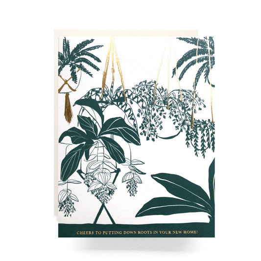 Houseplant Housewarming card with houseplant illustrations and gold foil lettering, perfect for plant lovers and new homes