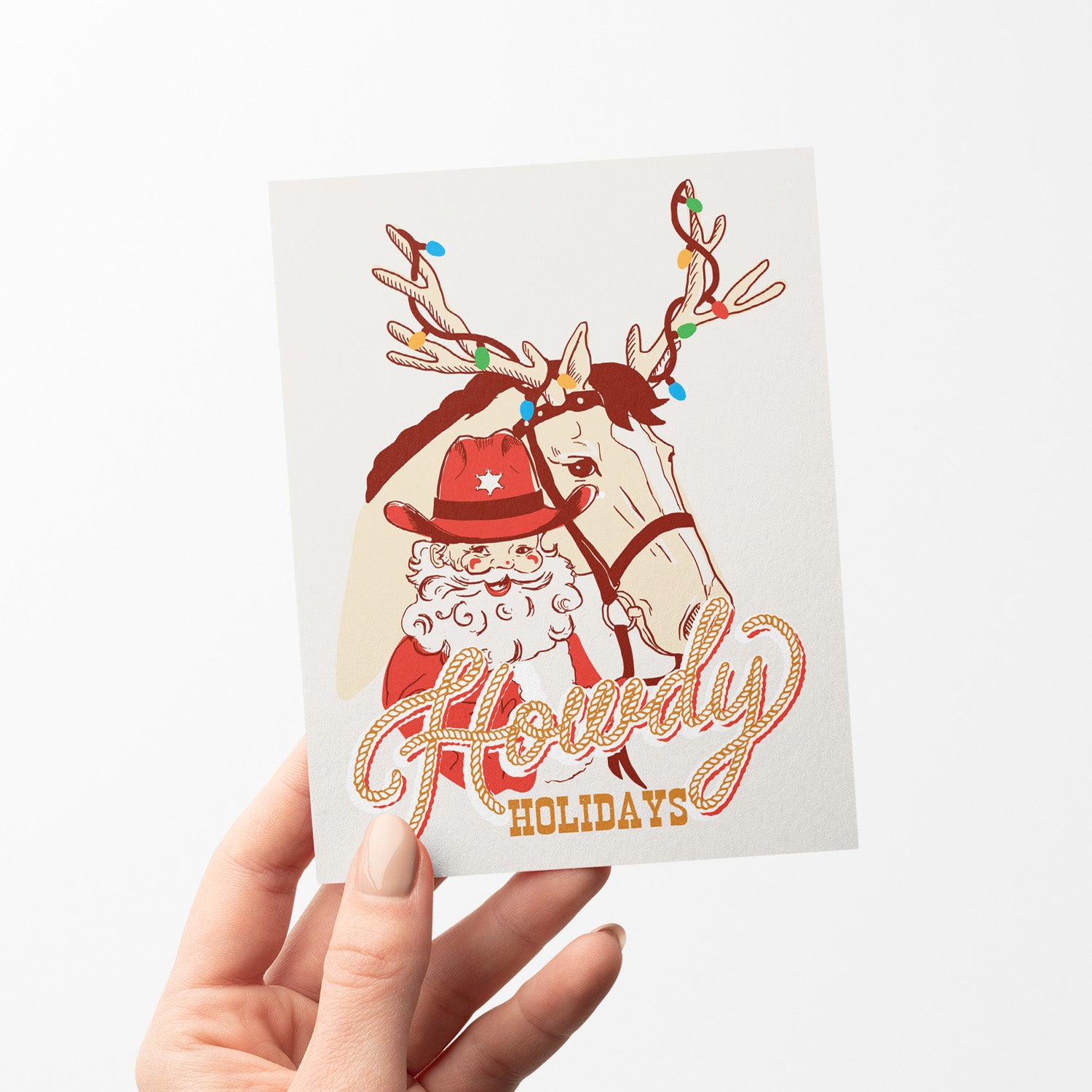 Howdy holidays Santa holiday card, with a cheerful cowboy Santa, perfect for a western holiday greeting, blank inside.