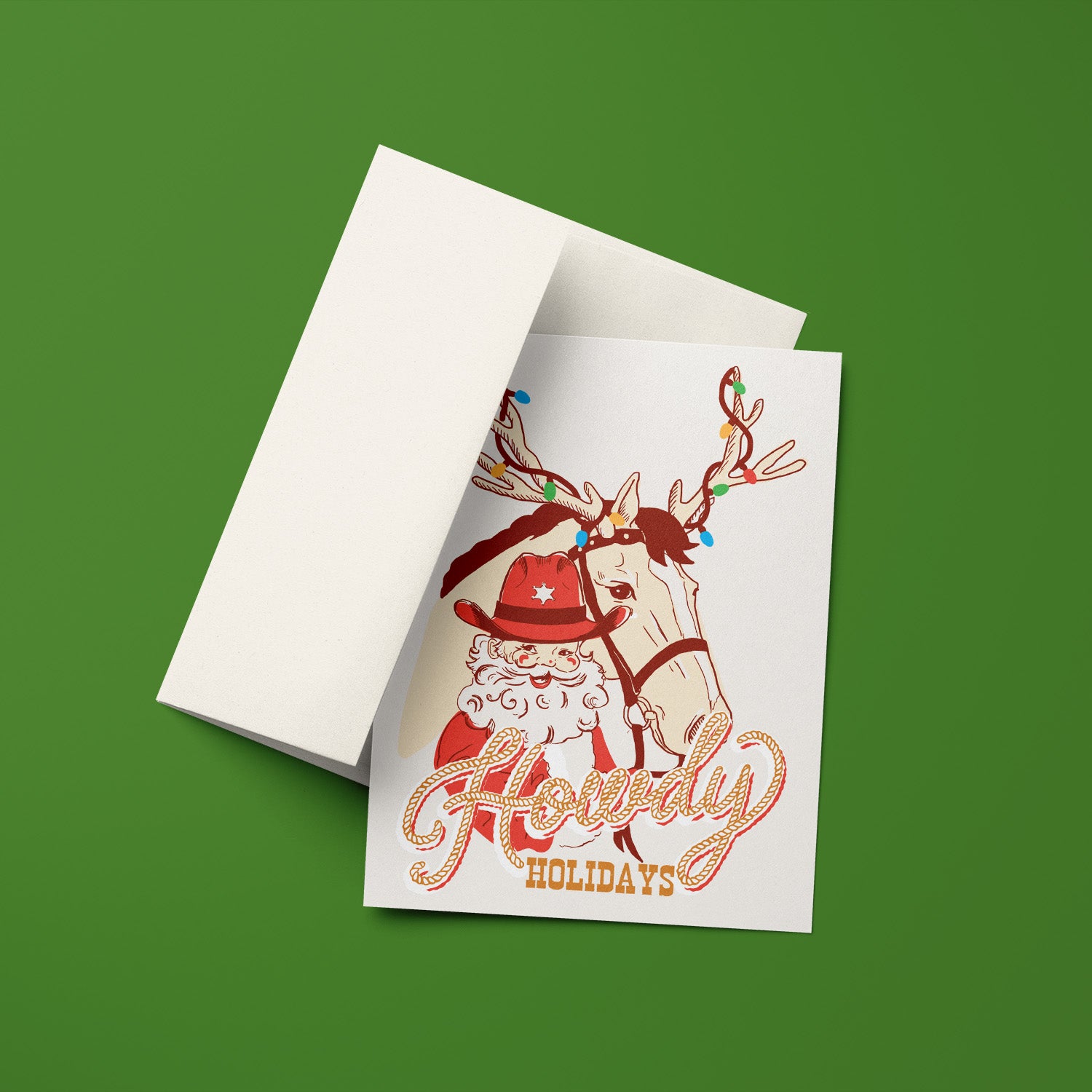 Howdy holidays Santa holiday card, with a cheerful cowboy Santa, perfect for a western holiday greeting, blank inside.