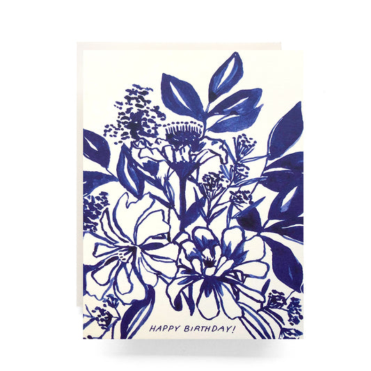 Stylish birthday card featuring an indigo-colored floral bouquet with intricate details, combining elegance and beauty for a special celebration.