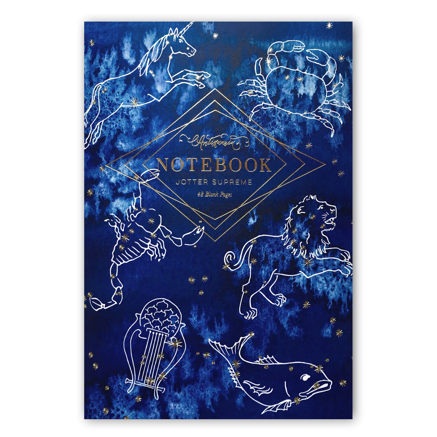 Vibrant blue softcover staple-bound notebook featuring different constellations. Blank interior pages. 