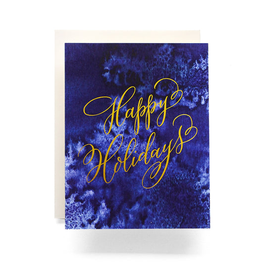 Indigo Happy Holidays card with elegant indigo tones, ideal for sending sophisticated holiday greetings, blank inside