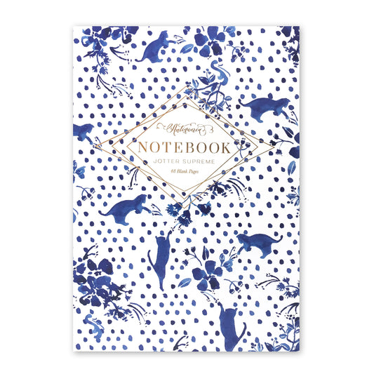 Blue and white softcover staple-bound notebook featuring playful kitten design. Blank interior pages. 