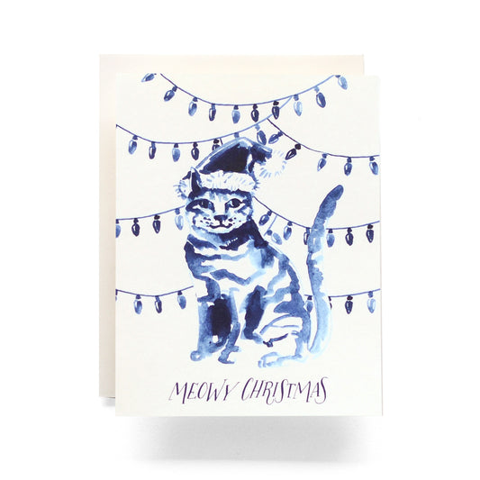 Indigo Meowy Christmas card with a playful cat theme, great for cat lovers during the holiday season, blank inside.