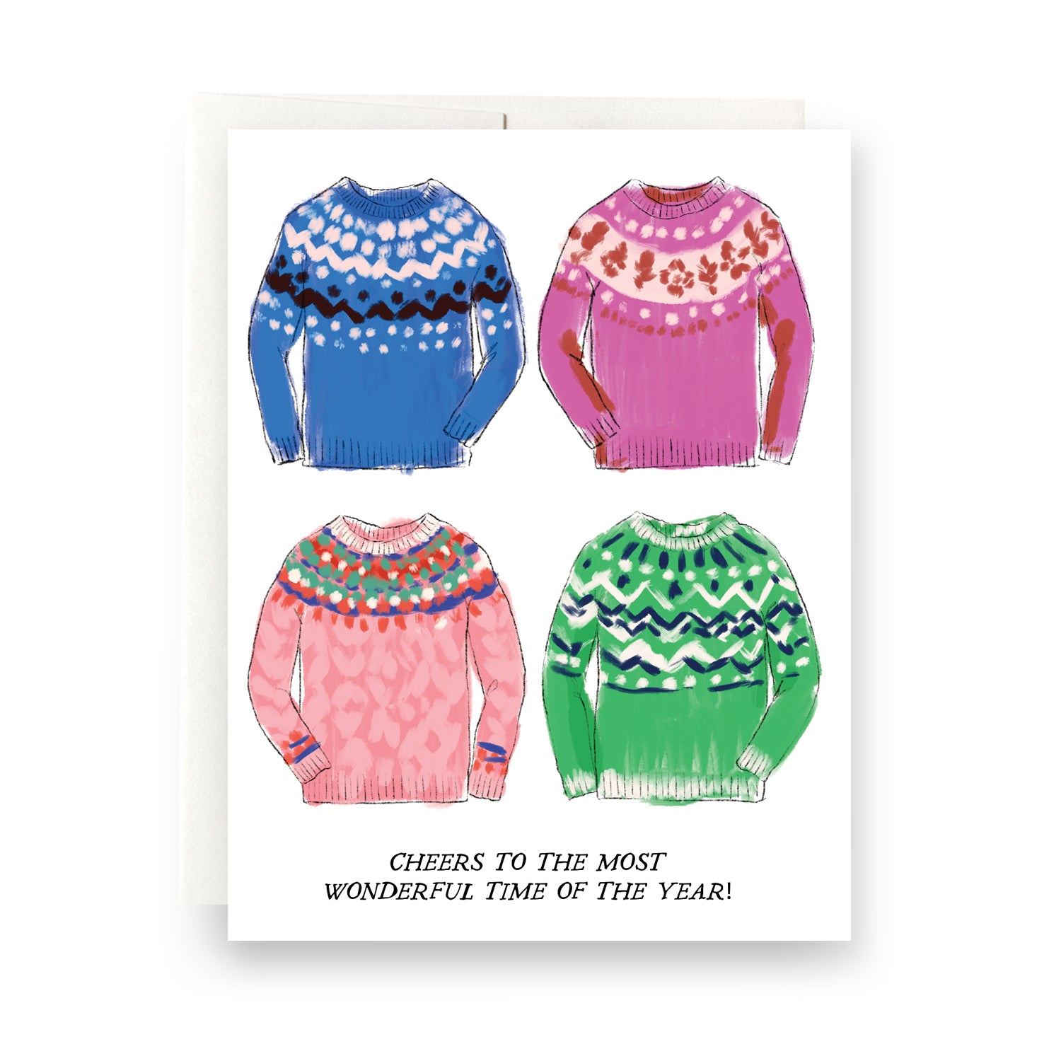 Sweater Weather holiday card with cozy sweater designs, ideal for celebrating the warm and festive winter season, blank inside.