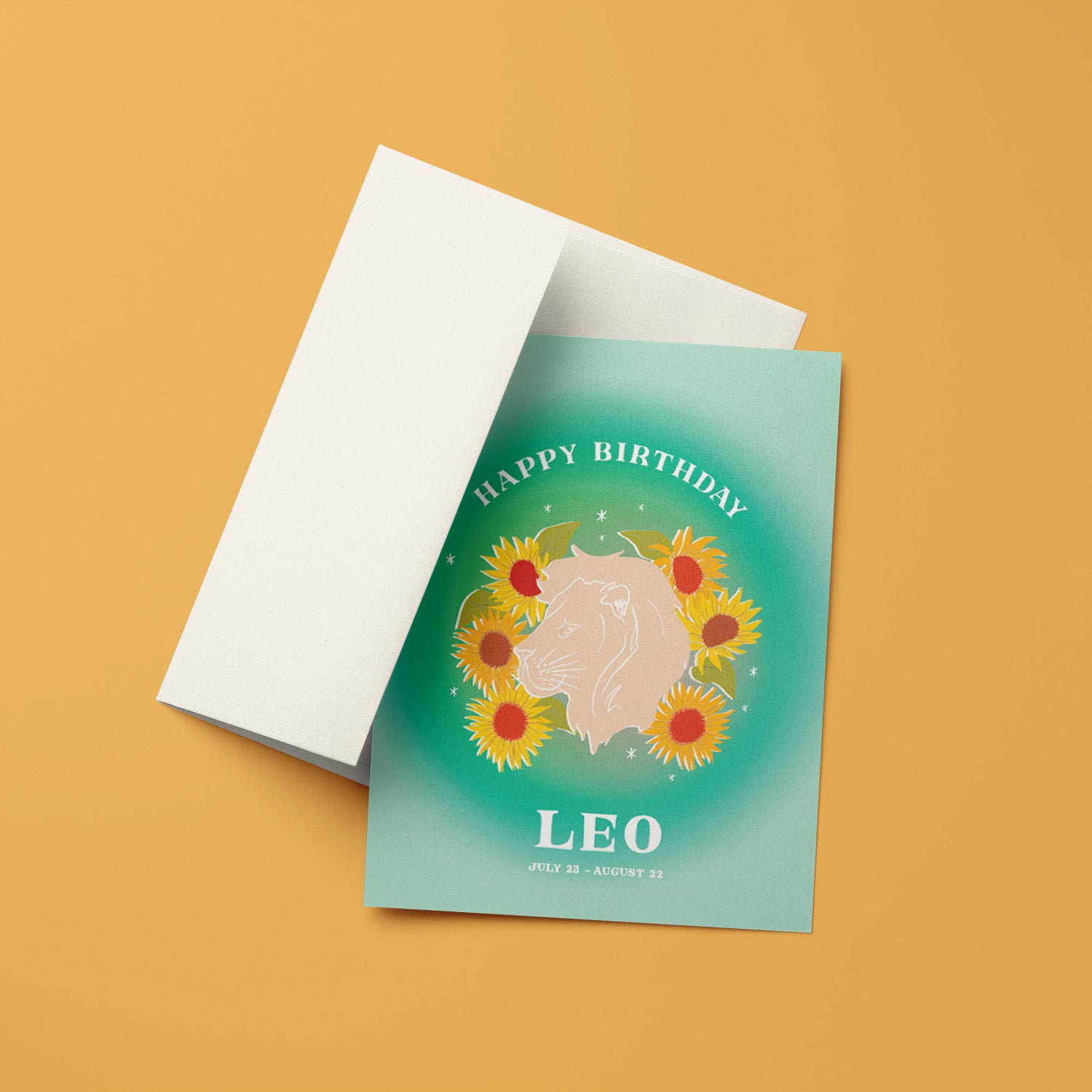 Bold birthday card showcasing the Leo symbol with radiant greens and a lion motif, reflecting the confidence and charisma of Leo.