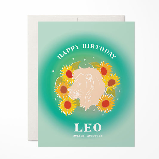 Bold birthday card showcasing the Leo symbol with radiant greens and a lion motif, reflecting the confidence and charisma of Leo.