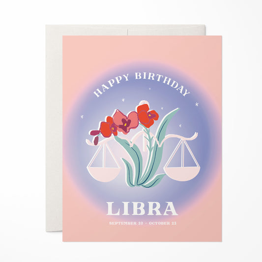 Balanced birthday card featuring the Libra symbol with harmonious colors and scales, embodying Libra's love for beauty and harmony.