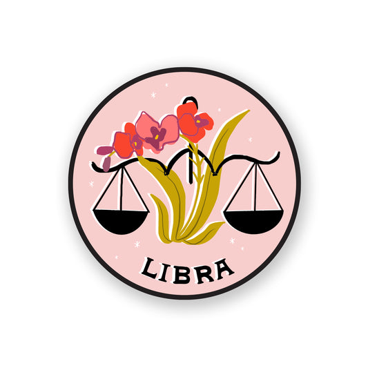 Libra zodiac sticker showcasing a balanced scales graphic in serene colors, symbolizing harmony and fairness