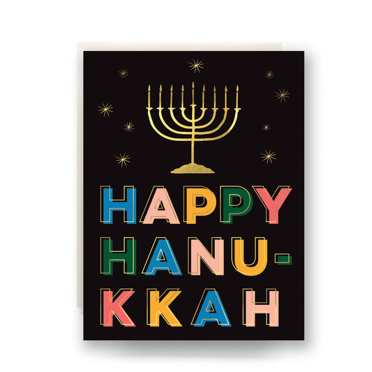 Lights Happy Hanukkah card with vibrant Hanukkah in bold colorful type face, perfect for celebrating the Hanukkah, blank inside.