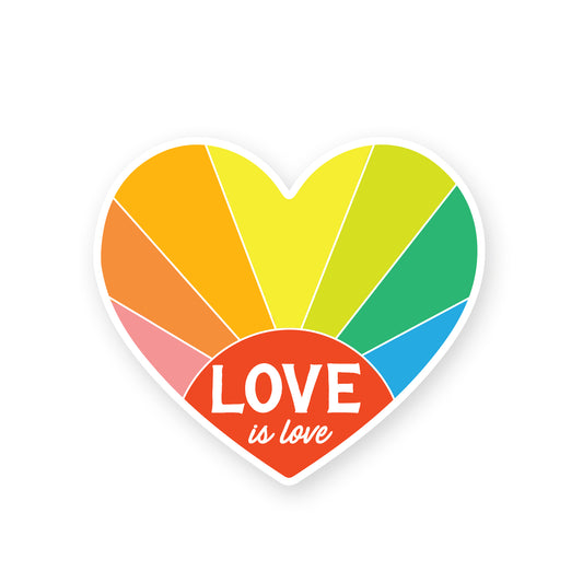 Colorful heart sticker featuring a rainbow design and the phrase 'Love is Love,' symbolizing inclusivity and love for all.