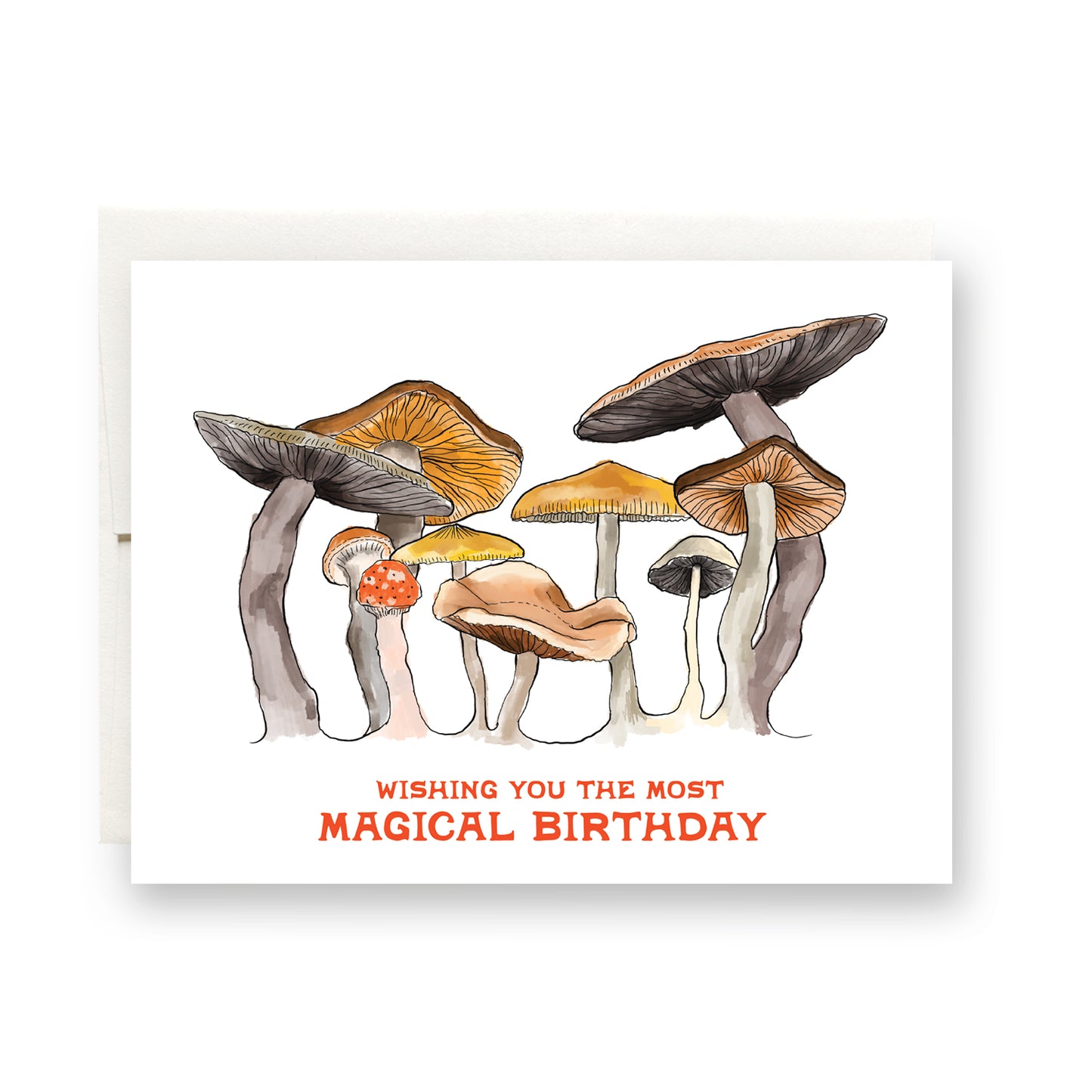 Playful birthday card showcasing a variety of mushrooms in earth tones, adding a touch of whimsy to the celebration.