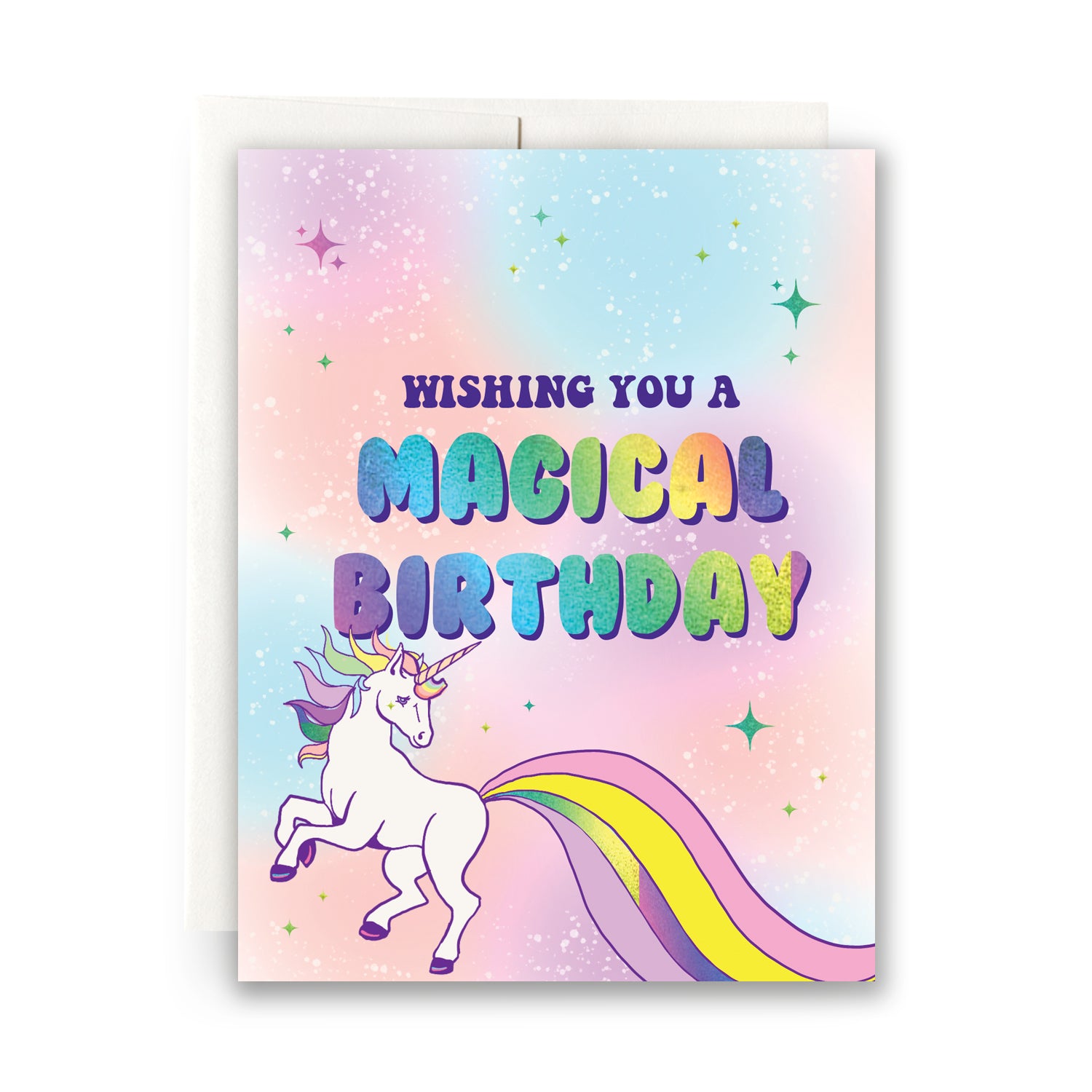 Playful birthday card featuring a vibrant unicorn with a sparkling mane, surrounded by rainbows and stars, ideal for a magical birthday wish.