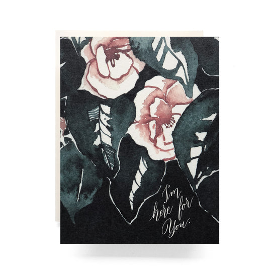 Watercolor magnolias on a blue background with 'I'm Here for You' on a blank sympathy card.