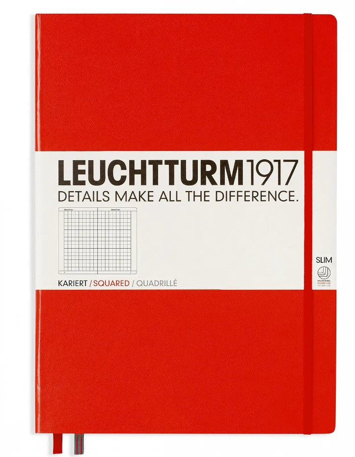 Hardcover square grid notebook in bright red, great for technical sketches, graphs, and creative planning.