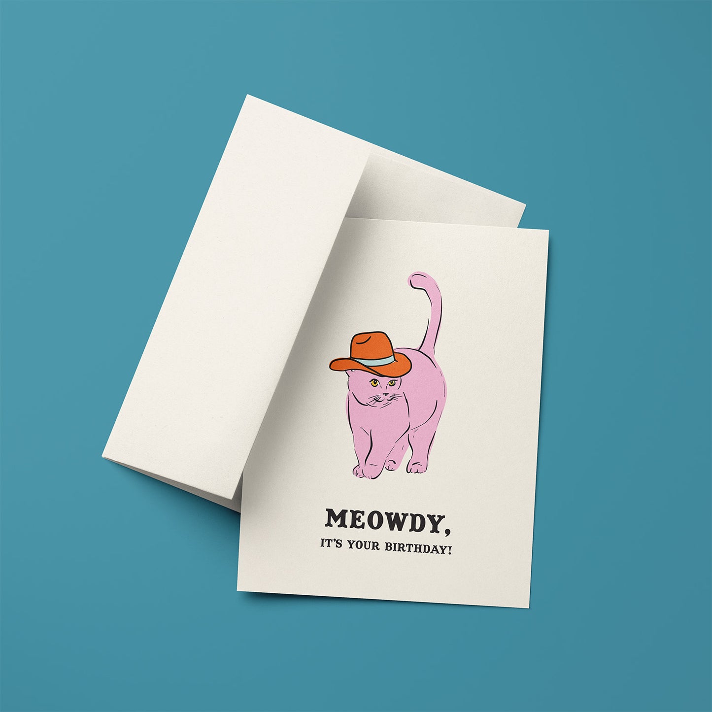 Birthday card with a pink cat in a cowboy hat and text 'Meowdy It's Your Birthday.