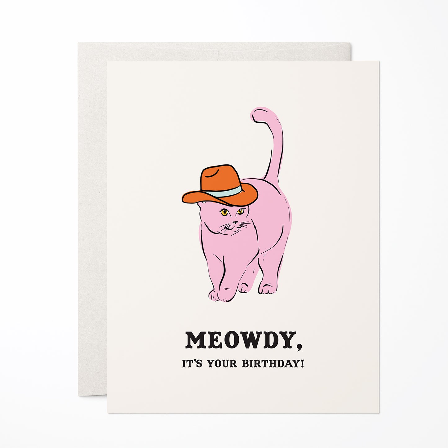 Birthday card with a pink cat in a cowboy hat and text 'Meowdy It's Your Birthday.