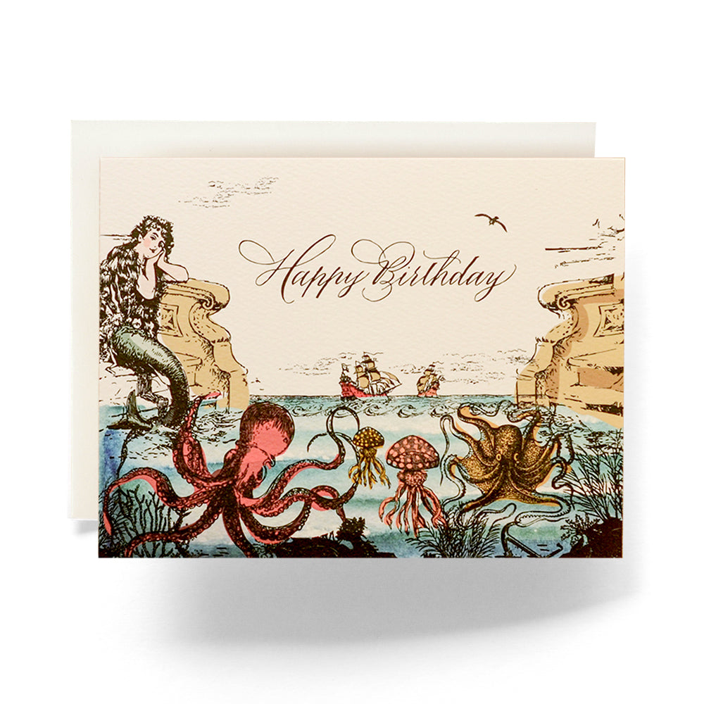 Enchanting birthday card featuring a nautical adventure with waves, sea creatures, and a ship, perfect for those who love the ocean