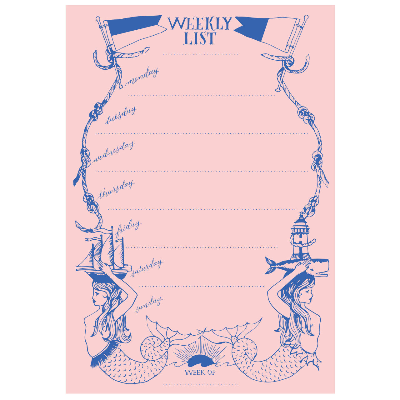 For a weekly list pad with a mermaid theme, featuring soft pink and blue colors and sea designs.