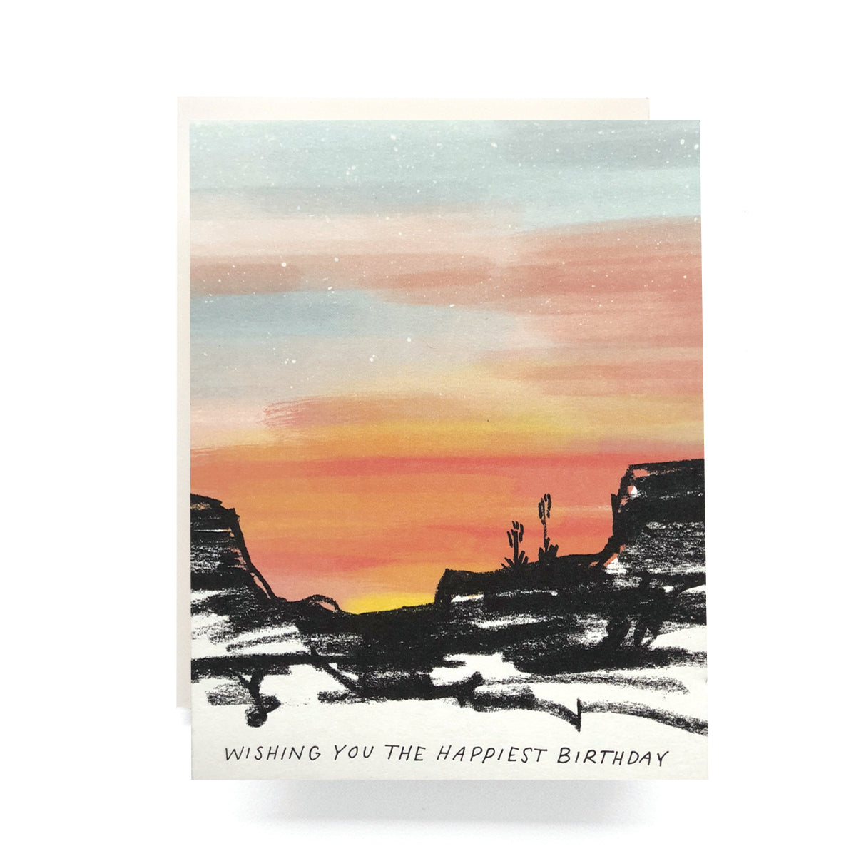 Serene birthday card featuring a beautiful sunset over a desert mesa, with warm colors and silhouette of a mesa top, perfect for a nature-inspired celebration.