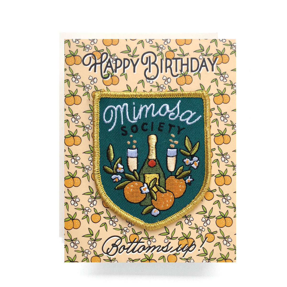 Festive birthday card with an iron-on mimosa patch, featuring a glass of bubbly and citrus accents, ideal for a brunch lover’s birthday.