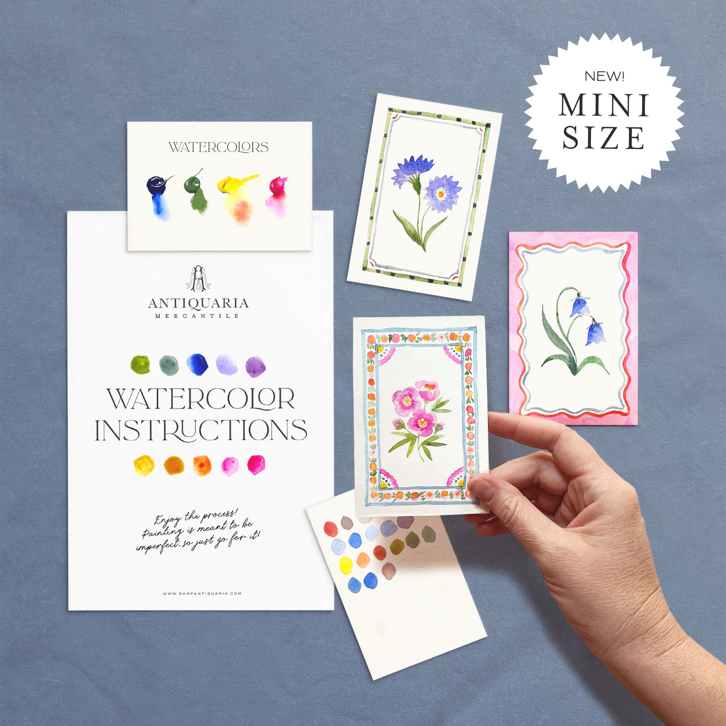 Set of watercolor cards with instructions on a blue background