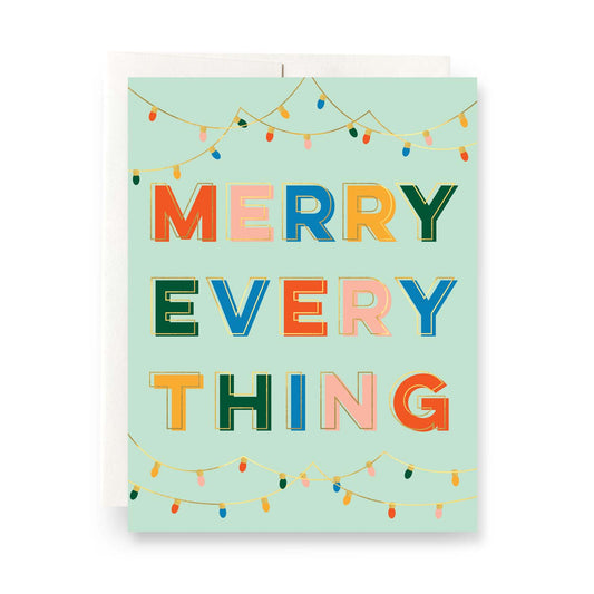 Mint Merry Everything holiday card with mint green designs and hanging Christmas lights, perfect for a fresh and festive holiday greeting, blank inside.