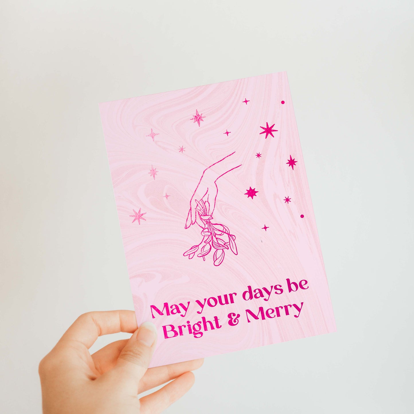 Mistletoe Merry & Bright holiday card with classic mistletoe artwork, perfect for cheerful holiday wishes, blank inside.