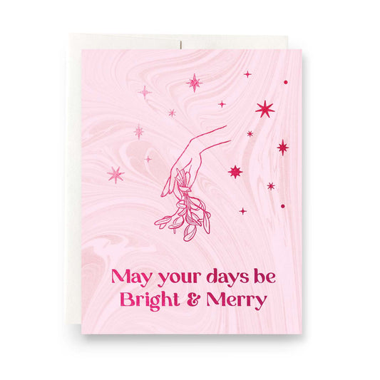 Mistletoe Merry & Bright holiday card with classic mistletoe artwork, perfect for cheerful holiday wishes, blank inside.