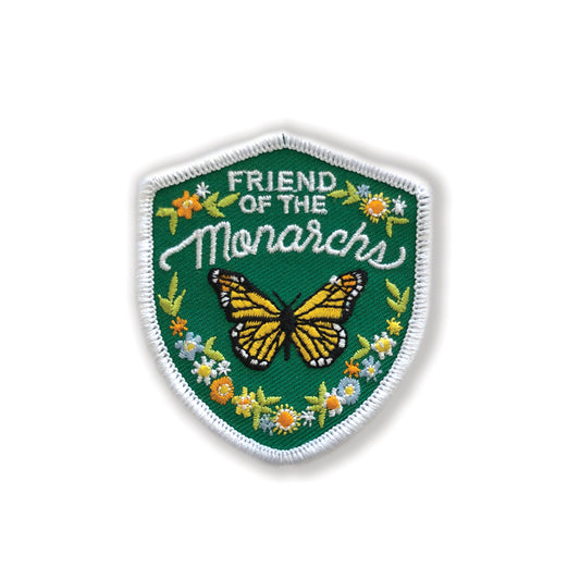 Colorful monarch featuring floral design embroidered iron-on patch with detailed petals, perfect for jackets, bags, or hats.