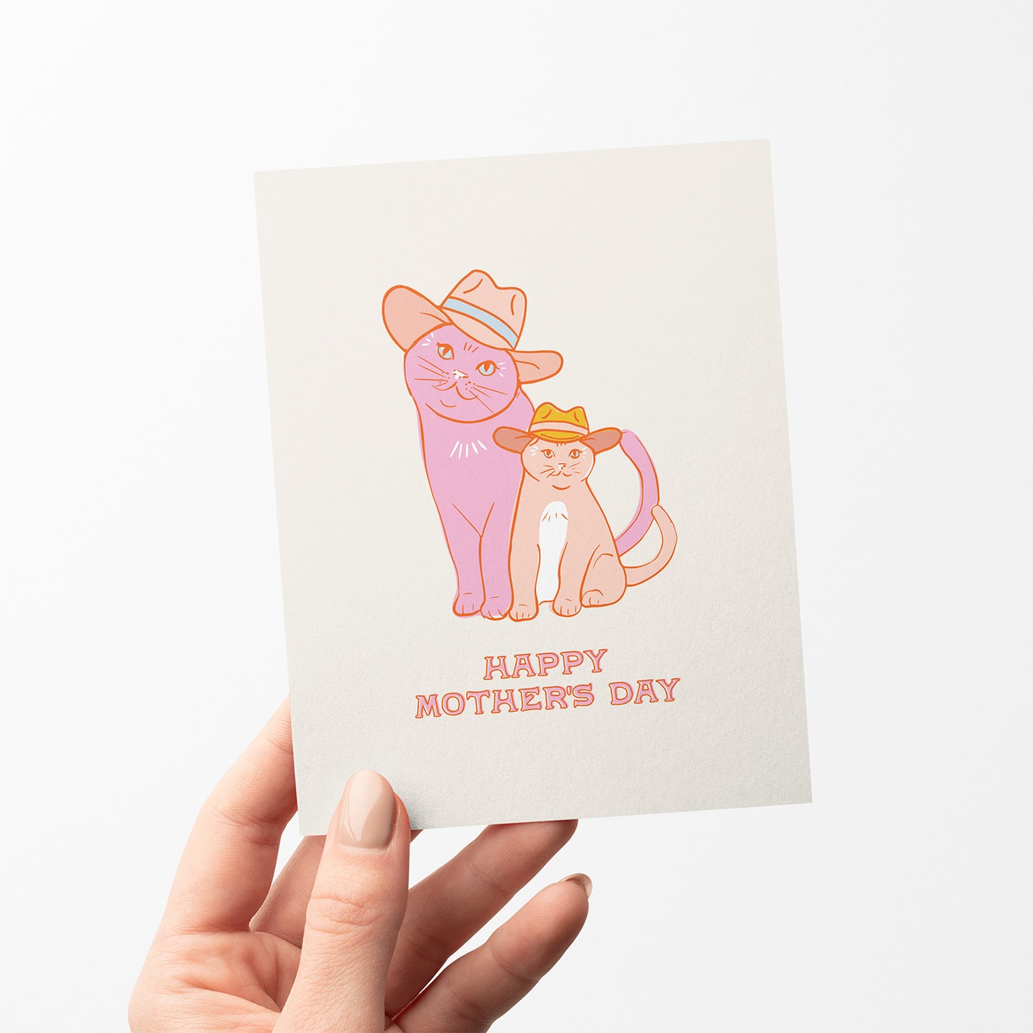 Mother’s Day card with pastel mama cat and kitten wearing cowboy hats