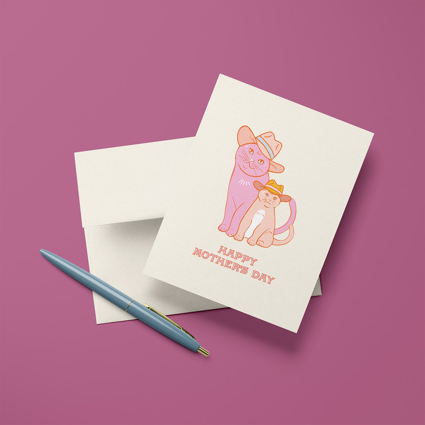 Mother’s Day card with pastel mama cat and kitten wearing cowboy hats