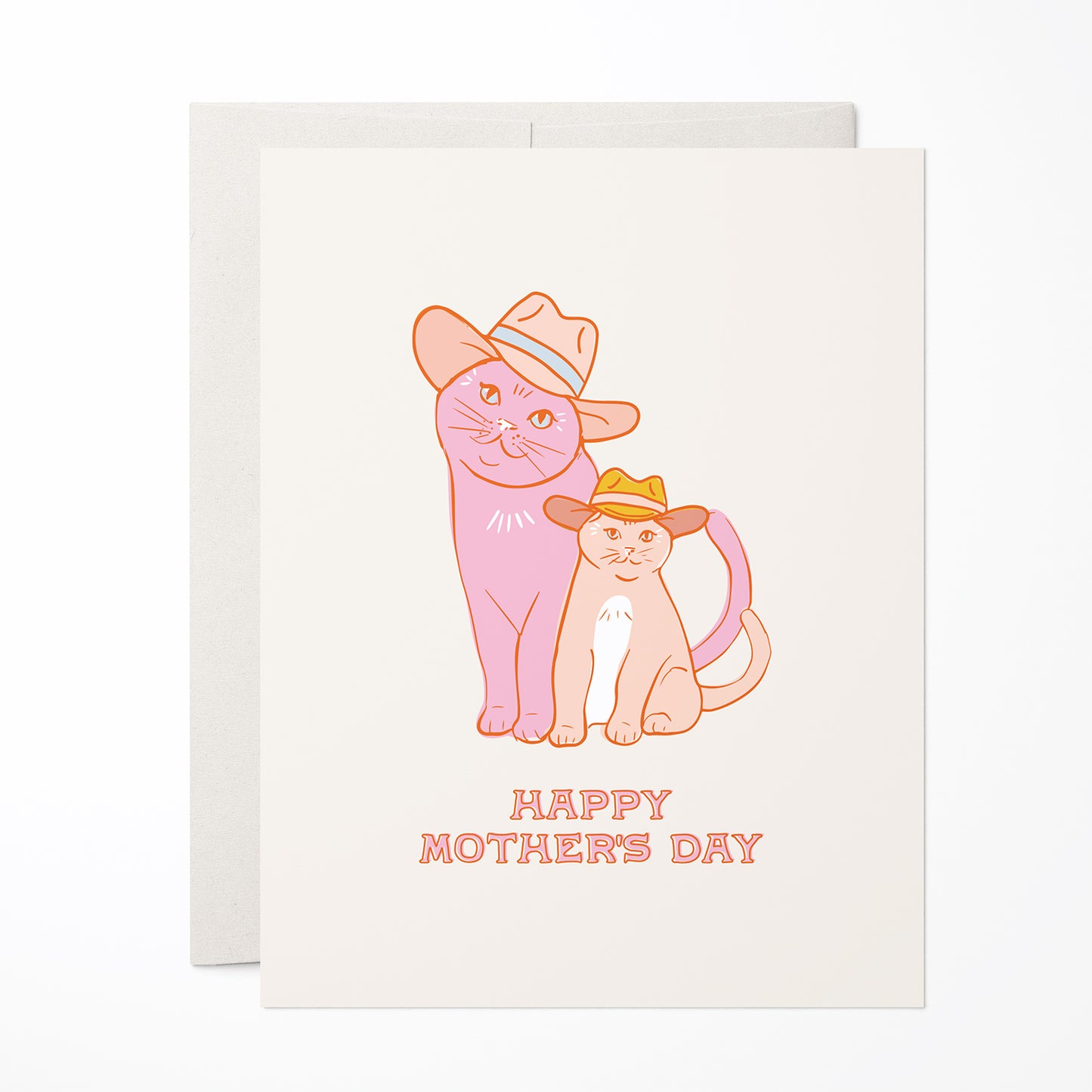 Mother’s Day card with pastel mama cat and kitten wearing cowboy hats