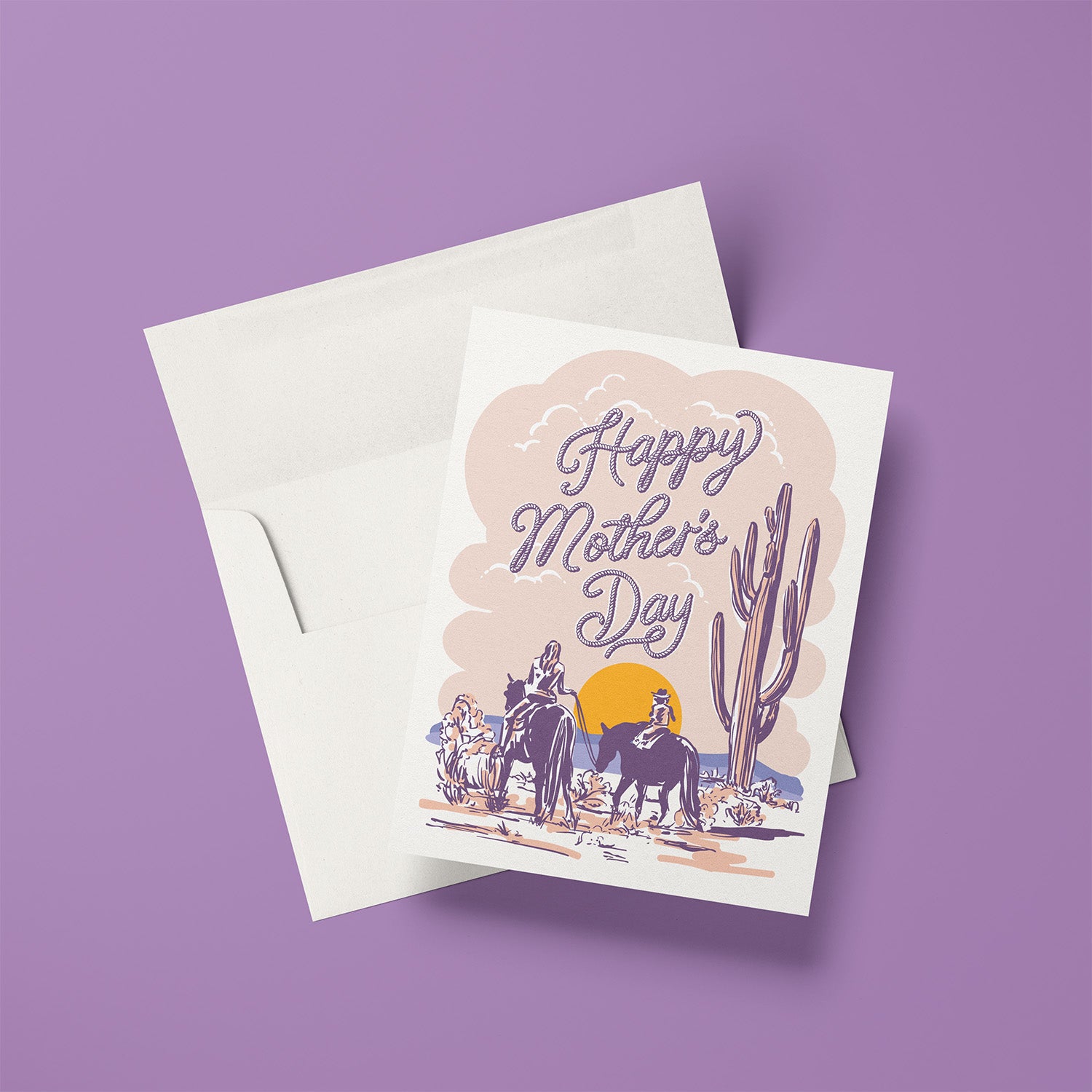 Mother’s Day card featuring an illustration of a mother and child on horses in a pastel desert landscape.