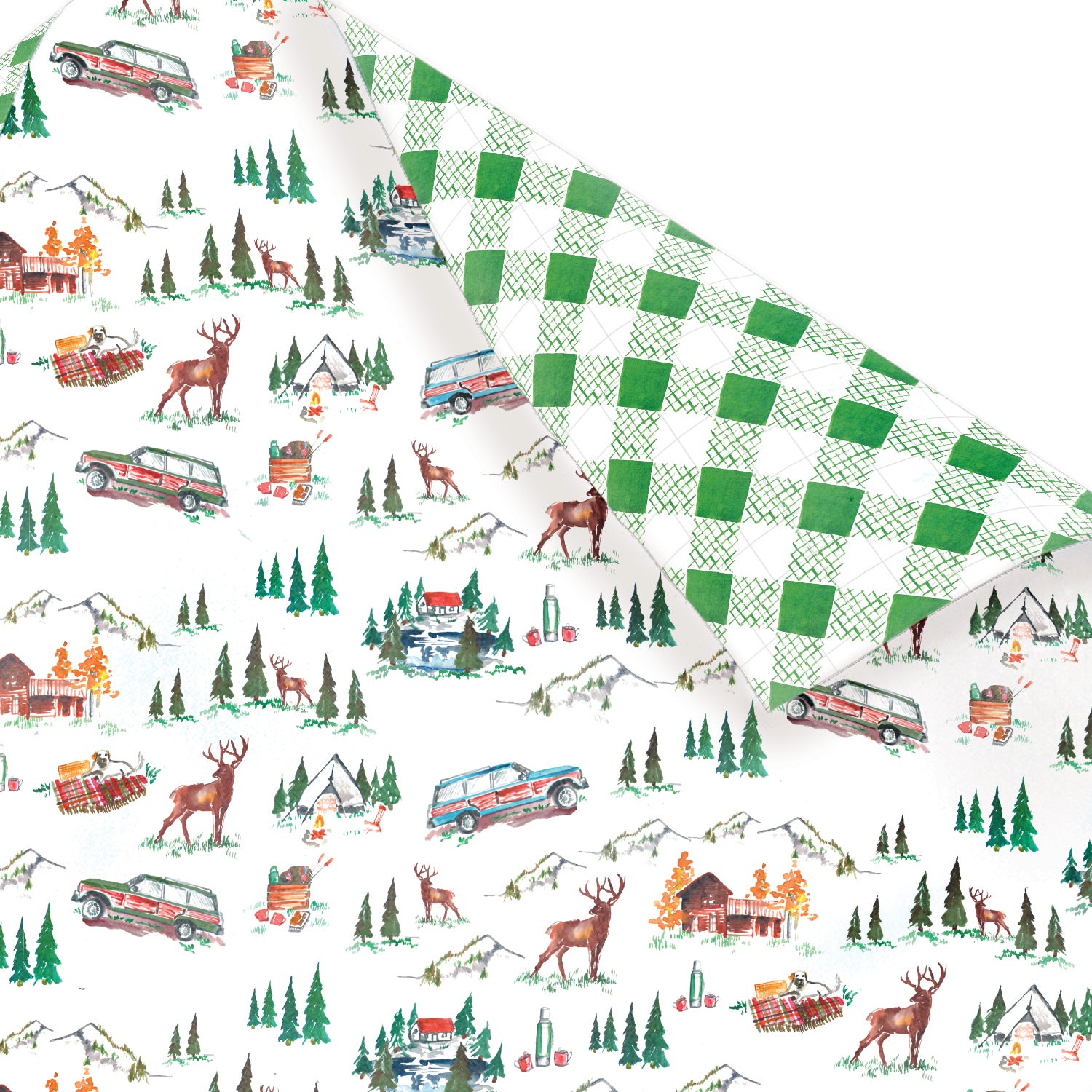 Sustainable gift wrap with cabin themed design on one side and a green plaid pattern on the reverse side, perfect for any occasion. 100% recyclable and compostable.