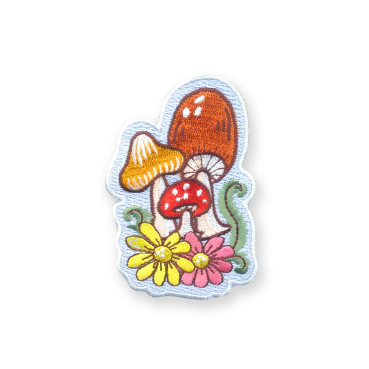 Colorful mushroom and floral embroidered iron-on patch with detailed petals, perfect for jackets, bags, or hats.