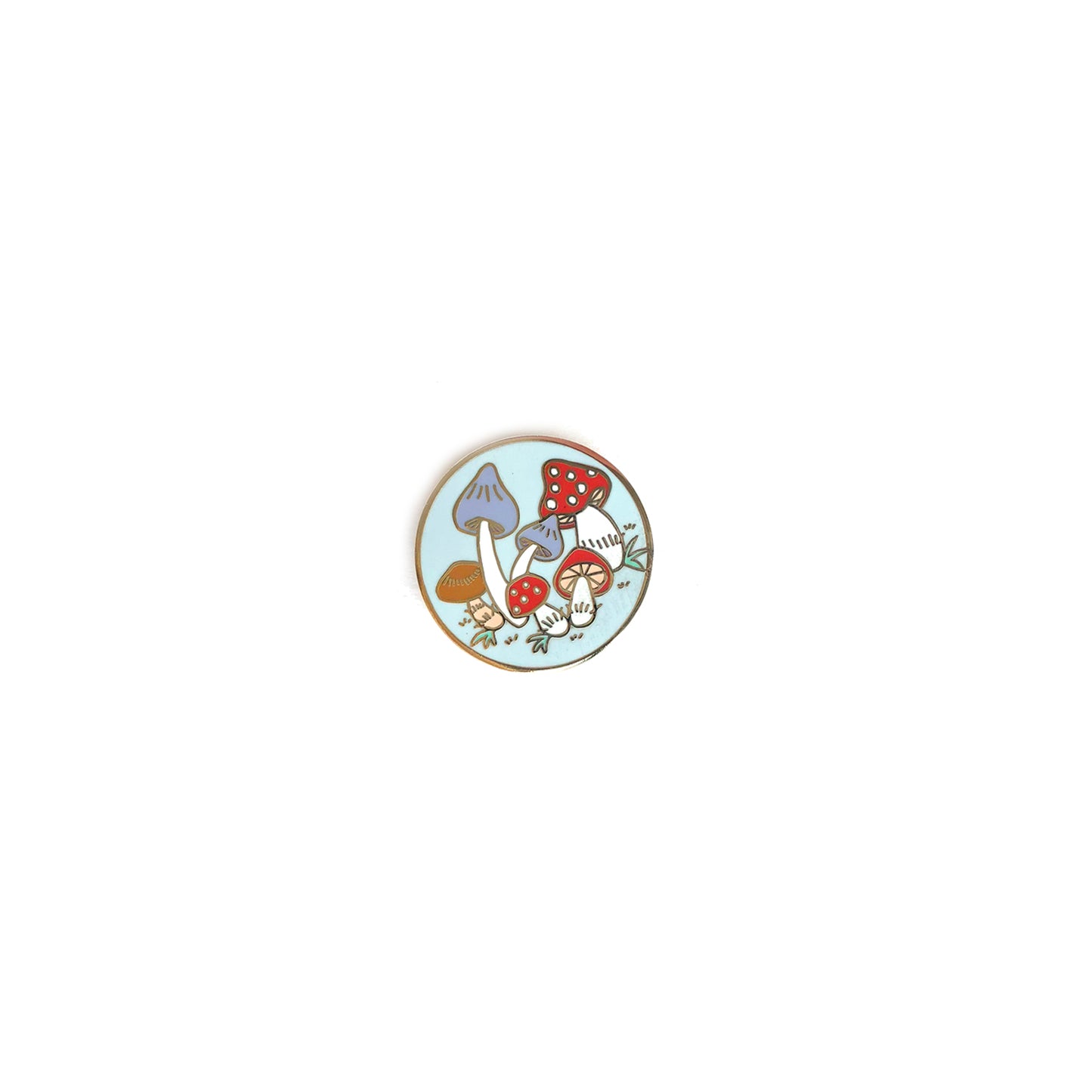  enamel pin featuring a group of colorful mushrooms  with gold accents, perfect for decorating jackets, bags, or stationery items.