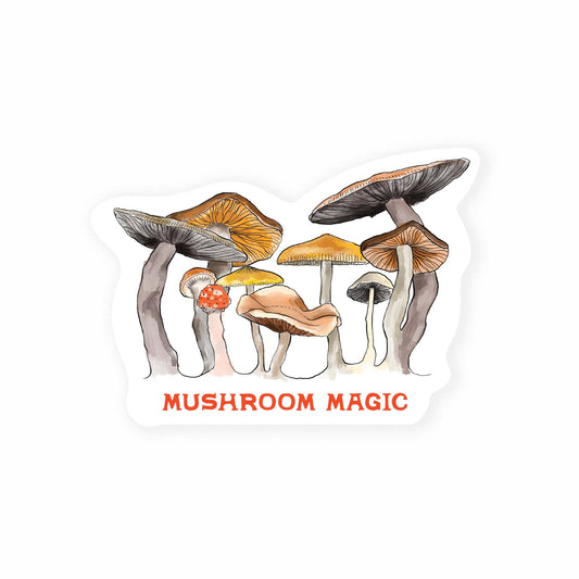 Whimsical mushroom sticker adorned with vibrant colors and the phrase 'Mushroom Magic,' capturing a sense of enchantment and fantasy; perfect for decorating any water bottle, laptop, or craft project.