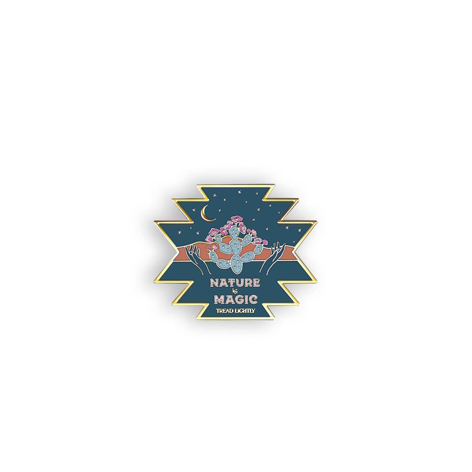 Stylish enamel pin featuring a nature theme in a desert scape, ideal for personalizing backpacks, hats, and notebooks.