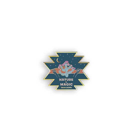 Stylish enamel pin featuring a nature theme in a desert scape, ideal for personalizing backpacks, hats, and notebooks.