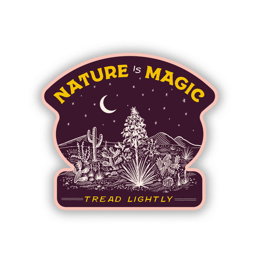 Desert-themed sticker featuring vibrant illustrations of cacti and landscapes, alongside the phrase 'Nature is Magic,' celebrating the beauty of the natural world; perfect for decorating water bottles, laptops, or craft projects.