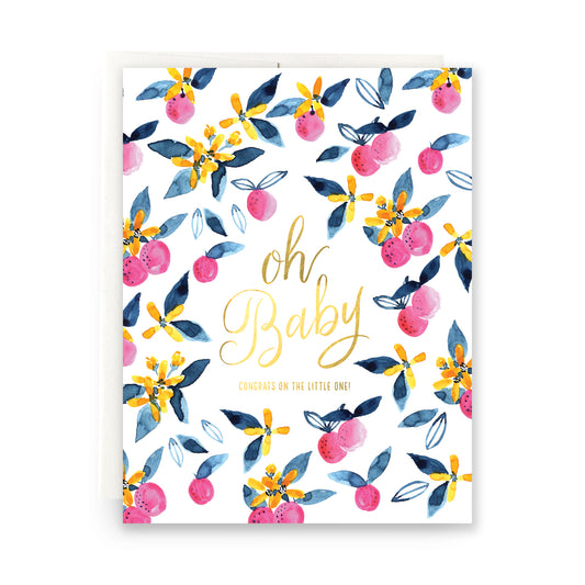 Bright pink citrus design with 'Oh Baby' calligraphy on a blank card.