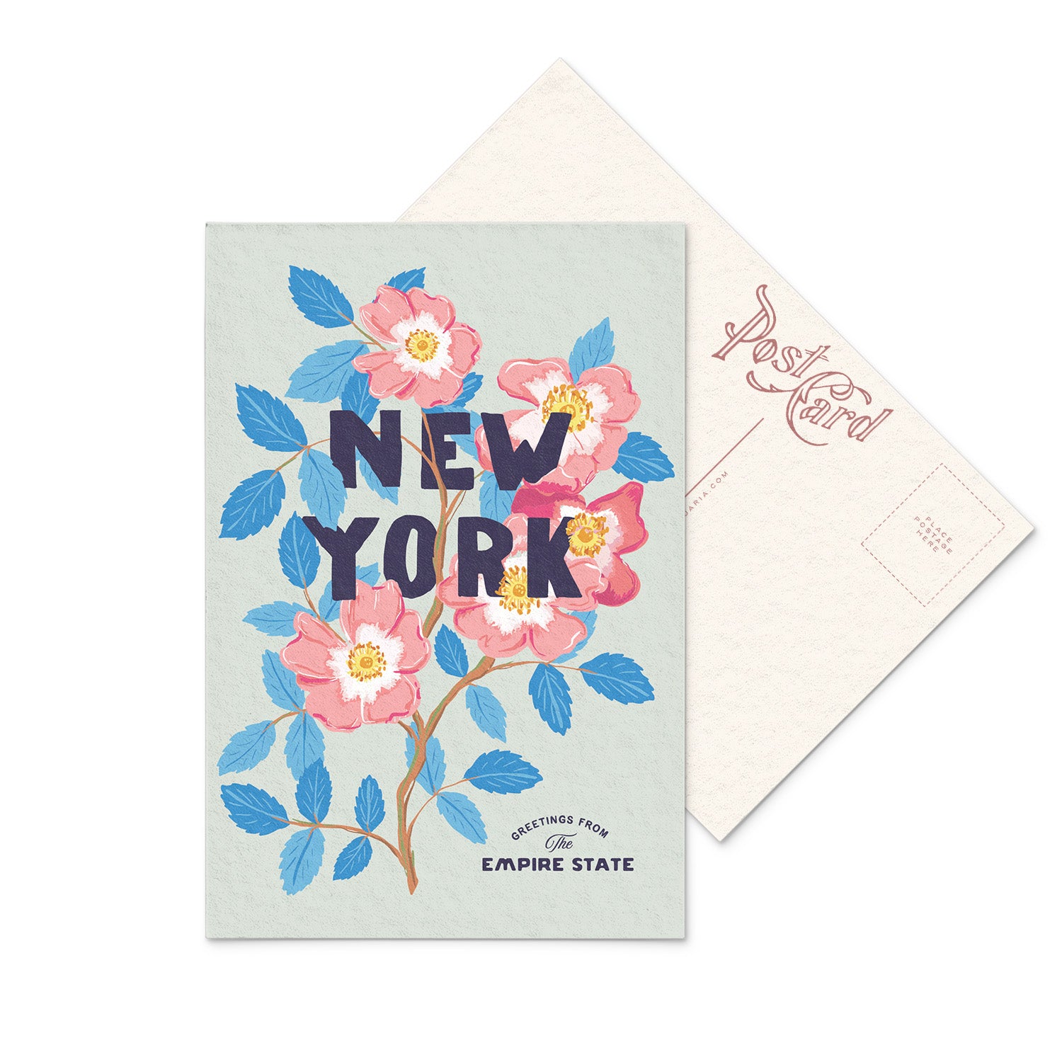 Vivid postcard of New York showing the bright pink Rose, the official state flower.