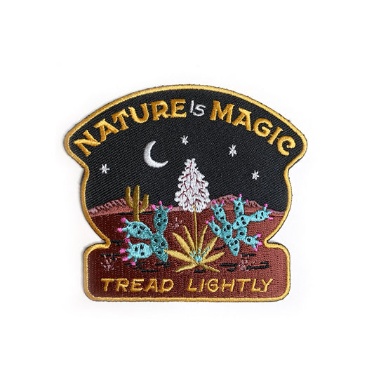 Desert themed Nature Is Magic embroidered iron-on patch featuring desert landscape, and a stary sky, perfect for adding a touch of enchantment to jackets, bags, or hats